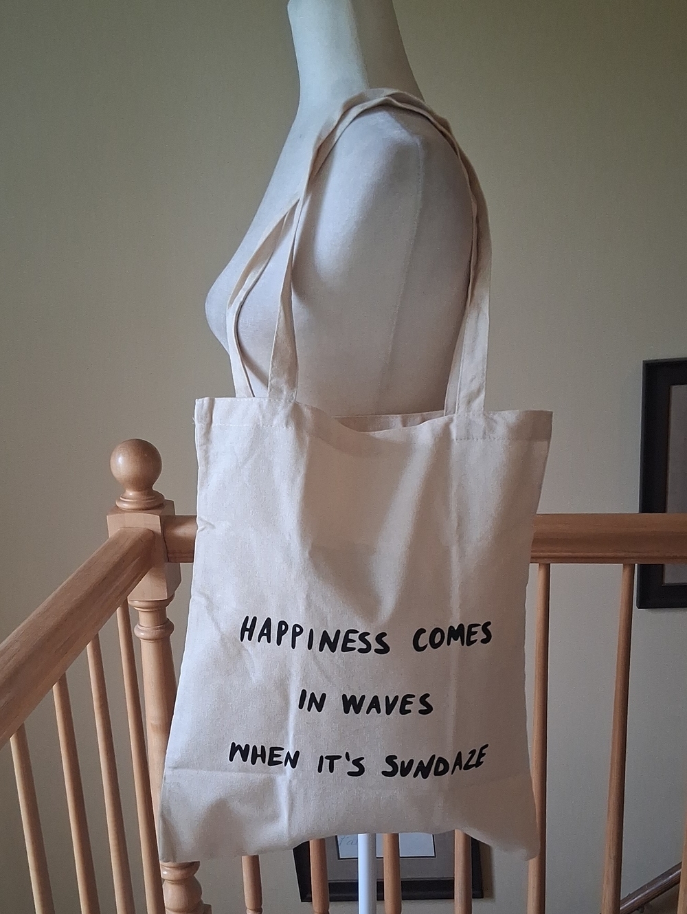 Canvas Tote Bag Eco-Friendly Cream with Black Text Happiness Quote